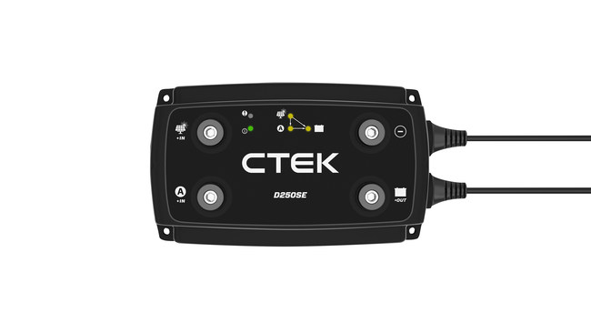 CTEK's D250SE is a fully automatic, five-step charger delivering 20 amps of power to charge, condition and maintain any 12-volt service battery while on the move. Its dual input capability means it can draw power from solar sources without the need for a regulator. Smart alternator compatible, the D250SE operates even when there is low alternator output maintaining a stable output of up to 20 amps to fully charge RV batteries in the shortest time.