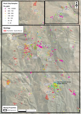 Figure 4: Rock chip copper results from the project area. Deep weathering results in lower copper grades in surface samples relative to the primary sulphide zones at depth, but the surface grades still allow for the detection and prioritization of mineralised breccias. (CNW Group/Turmalina Metals Corp.)
