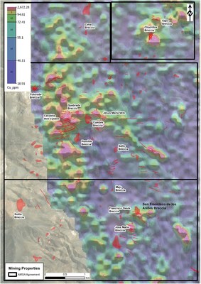 Figure 5: 100m soil geochemistry grid map with portable XRF copper results. Several breccia and vein systems are associated with extensive copper anomalies. The soil sampling program is currently being extended to cover the western part of the project area. (CNW Group/Turmalina Metals Corp.)