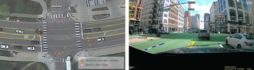 CARMERA and TRI-AD’s latest mapping initiative in Michigan shows suburban road feature placement (left) and urban street-level object detection (right) developed from Toyota TransLog telematics cameras.