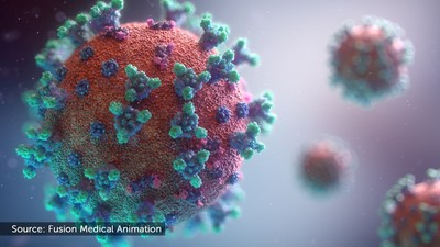 Latest 3D visualisation of the covid-19 virus. To view an animation of this image please click here: https://www.fusionanimation.co.uk/clinical-areas/infectious-disease/covid-19/ (PRNewsfoto/Fusion Medical Animation) Latest 3D visualisation of the covid-19 virus. To view an animation of this image please click here: https://www.fusionanimation.co.uk/clinical-areas/infectious-disease/covid-19/ (PRNewsfoto/Fusion Medical Animation)