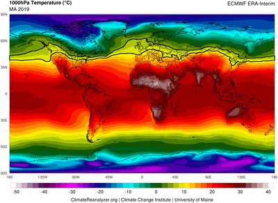 Figure. World 1000hPa temperature map March 2019-April 2019 showing at risk zone. Color gradient indicates 1000hPa temperatures in degrees Celsius. Tentative zone at risk for significant community spread in the near-term include land areas within the light green bands, outlined in dark black (showing 5-10oC zone based on 2019 data). Predicted area is up to 11oC (slightly more south, not shown), and will change based on actual average temperatures during this time period. Image from Climate Reanalyzer (https://ClimateReanalyzer.org), Climate Change Institute, University of Maine, USA.