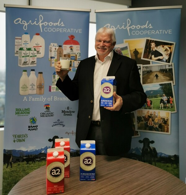 Tim Hofstra, Chair of Agrifoods Cooperative, excited about Agrifoods' exclusive licensing agreement with The a2 Milk Company and in being able to offer consumers more choices for authentic, farmer owned, Canadian dairy products. (CNW Group/Agrifoods Cooperative)