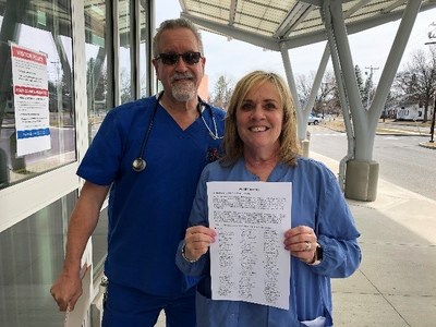 Baystate Noble Hospital RNs Paul Dubin and Dennise Colson delivered the petition signed by 95% of hospital RNs to President Bryant on March 11, 2020.