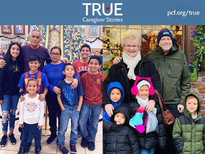 Prostate Cancer Foundation 2020 TRUE Love Caregiver Contest Winners, Angie Wilfong and family (pictured left) and Lucy and husband Phil Hayes with family (pictured right).