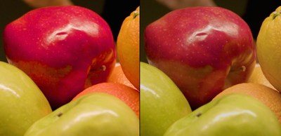 This fruit illustrates Ketra Vibrancy, with 100% Vibrancy applied on the left, and 0% Vibrancy on the right.