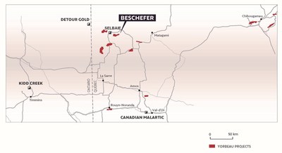 Figure 1. Location map of Yorbeau's projects, Quebec, including Beschefer property. (CNW Group/Yorbeau Resources Inc.)