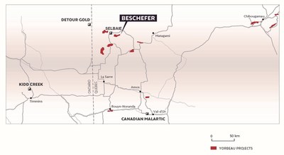 Figure 1. Carte de localisation des projets de Yorbeau, Québec incluant la propriété Beschefer. (Groupe CNW/Ressources Yorbeau Inc.)