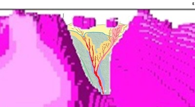 Image E: Inset of 3D magnetic inversion model showing the V-shaped “notch” of presumed demagnetized dyke interpreted as the result of alteration commonly associated with low sulphidation epithermal systems. (CNW Group/Northern Shield Resources Inc.)