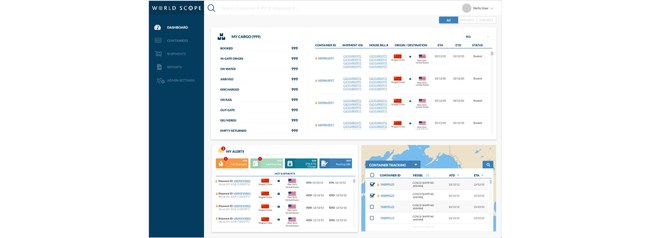 WorldScope's My Cargo dashboard gives a high level view of current shipments. My Alerts tracks hot shipments and provides alerts for shipments approaching their last free day. The dashboard also features a real-time container tracking module which allows shippers to drill down to see where key shipments are in transit.