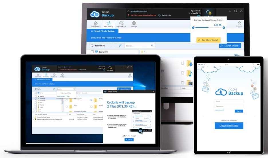 Cyclonis Backup stores your important files securely in the Cloud to help protect you from the catastrophic data loss that can occur as a result of a ransomware attack, damaged/malfunctioning hardware or natural disasters.