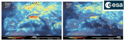 Copernicus Sentinel-5P satellite reveals the decline of air pollution, specifically nitrogen dioxide emissions over Po valley in the north of Italy.