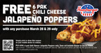 This Weekend, Pop By Hamburger Stand To Get A Free 6 Pak Of Chili Cheese Jalapeno Poppers With Coupon