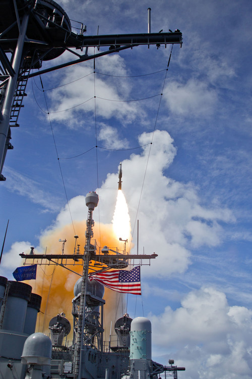An SM-3® Block IB interceptor launches from the USS Lake Erie during a Missile Defense Agency test designed to hit a complex, short-range ballistic missile target. (Photo: Missile Defense Agency)