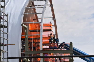 Workers at the Pueblo Chemical Agent-Destruction Pilot Plant erect inner ribbing for the sprung structure covering the first Static Detonation Chamber (SDC). Three SDCs will augment the main plant’s automated process of chemical neutralization followed by biotreatment to destroy problematic projectiles and 4.2-inch mortar rounds.