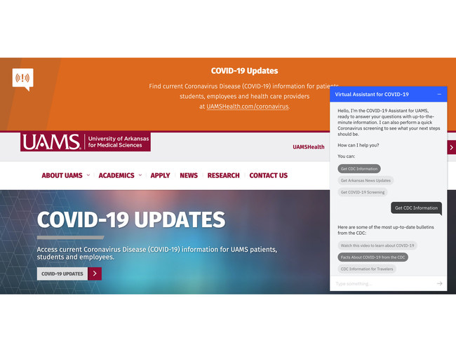 The University of Arkansas for Medical Sciences deployed a virtual agent using Watson Assistant for Citizens in 9 days so citizens can get their questions answered quickly about COVID-19 testing, symptoms or resources. (Credit: University of Arkansas for Medical Sciences)