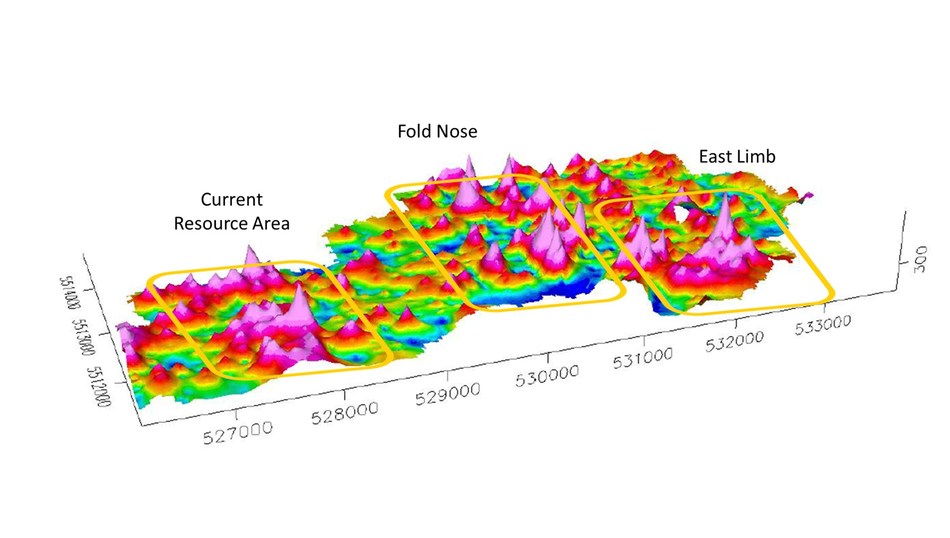Figure 1: 3D view of the SGH Pathfinder Class map to predict the presence of gold mineralization (CNW Group/Treasury Metals Inc.)
