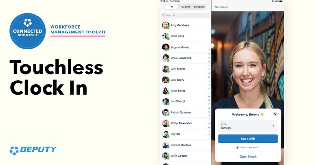 When enabled, the Deputy Kiosk (iPad app) uses facial recognition and voice commands to enable employees to clock in and out of work, as well as start and end breaks, without touching a screen.