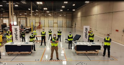 Stryker workers finish building the first of its new Emergency Relief Bed, a limited-release medical bed to support critical needs during the COVID-19 pandemic.