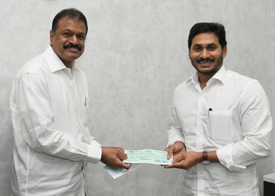 Mr. DVS Raju, Chairman Gangavaram Port Ltd handing over a cheque of Rs 3 Cr to Shri YS Jagan Mohan Reddy Honble Chief Minister of Andhra Pradesh towards AP CM Relief Fund