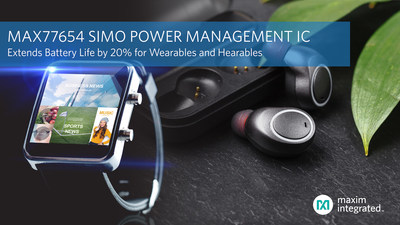 Maxim Integrated's MAX77654 SIMO PMIC replaces traditional power management architectures, cuts solution size by half and extends battery life for wearables and wearables by 20 percent.