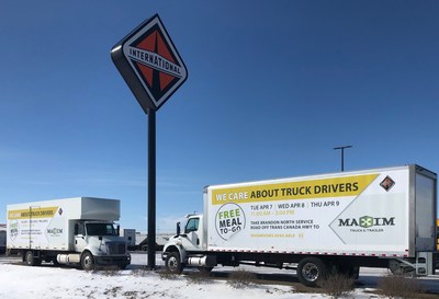 Maxim Truck & Trailer is using trucks as billboards to promote their free meals for truck drivers April 7-9 at their Brandon, Manitoba location – just off the busy Trans-Canada Highway. (CNW Group/Maxim Truck & Trailer)