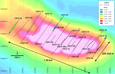 Figure 2 – Plan view of recent drilling overlain on total field magnetic intensity, Crawford Nickel-Cobalt Sulphide Project, Ontario. (CNW Group/Canada Nickel Company Inc.)