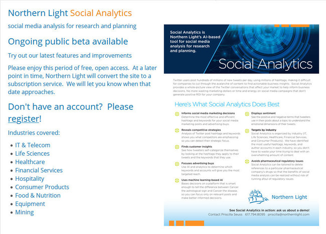 Northern Light Social Analytics free public beta home screen - https://social-analytics.ai