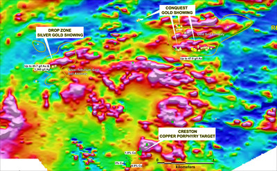 Figure 1. Lo action of the principal showings at Root & Cellar draped over the residual total magnetic intensity. Green squares and yellow dots represent copper and gold anomalous rock samples respectively. (CNW Group/Northern Shield Resources Inc.)