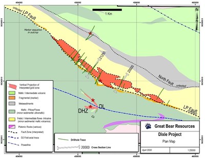 Figure 1: Location of drill sections contained in this release.  Reference grid squares are 2 kilometres. (CNW Group/Great Bear Resources Ltd.)