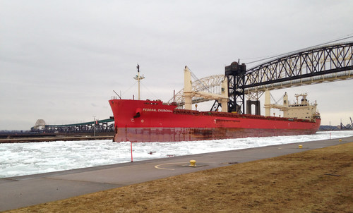 Fednav’s Federal Churchill, the first oceangoing ship of the 2020 navigation season arriving in the Port of Duluth-Superior. Photo credit: David Kaye  (CNW Group/Fednav Limited)