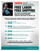 Makita is offering free labor and free pre-paid "round-trip" shipping for repairs at Makita Factory Service Centers.