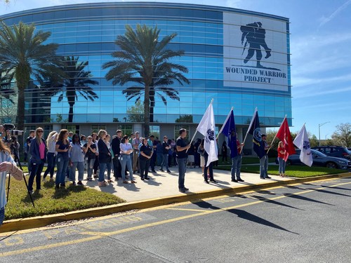 Wounded Warrior Project teammates line up outside the headquarters for the veterans charity in Jacksonville, Florida in March to welcome veterans finishing a multi-city motorcycle ride. The NonProfit Times just named WWP the best large nonprofit to work for.