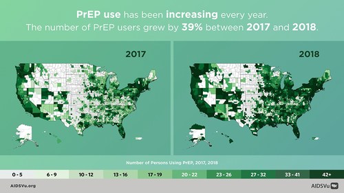 AIDSVu.org today announced the release of new interactive county-level data and maps visualizing PrEP use from 2012 to 2018, showing a 39 percent increase in PrEP use across the U.S. from 2017 to 2018, continuing a trend of consistent growth in PrEP use since 2012.