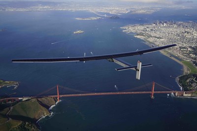 Bertrand Piccard flies over the Golden Gate Bridge in Solar Impulse, powered only by the rays of the sun. The 25,000-mile flight around the world did not use a single drop of fossil fuel.This photo was taken the day after Earth Day 2016. "Clean technologies are ready to use NOW. Let's move the economy in that direction," says Piccard.
