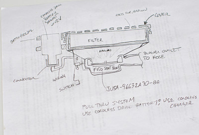 Sketch detailing the PAPR design, including how the DEWALT battery system integrates into the respirator. (Image from Ford)