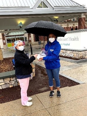 Tobey Hospital RN Sulyn Rudolph McCarthy and St. Luke’s RNs Samantha Erskine-Joseph, Carrie Pessini and Kim Beaulieu were among those distributing masks to their colleagues on April 15.
