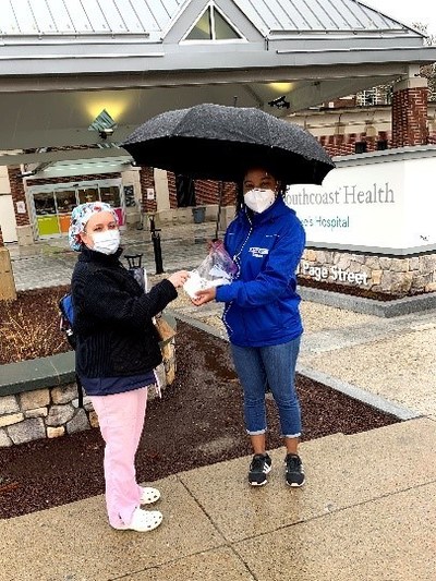 Tobey Hospital RN Sulyn Rudolph McCarthy and St. Luke’s RNs Samantha Erskine-Joseph, Carrie Pessini and Kim Beaulieu were among those distributing masks to their colleagues on April 15.