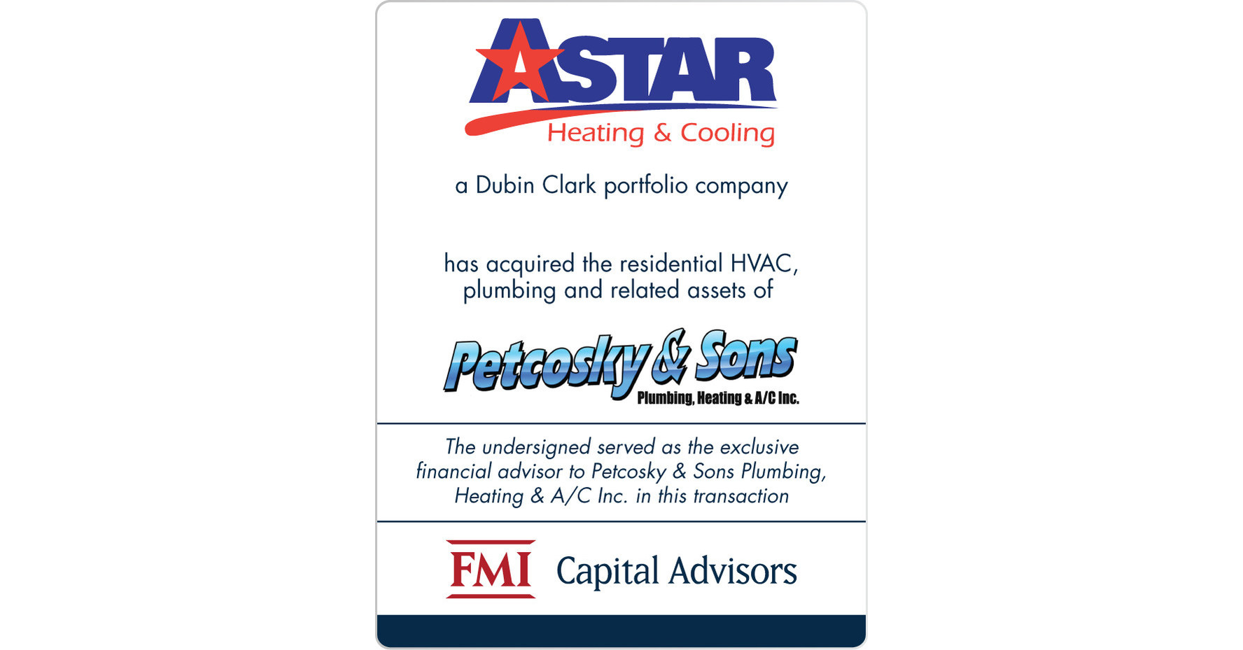 FMI Advises Petcosky & Sons Plumbing, Heating & A/C, Inc. in Acquisition to Astar Heating & Air ...