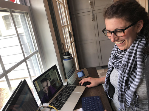 Beth Giguere from Lisa Scheff Designs in Longmeadow, Massachusetts, takes advantage of technology by participating in a digital meeting.