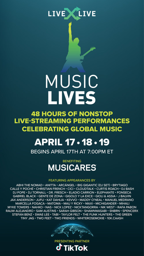 Music Lives, produced by LiveXLive, will feature 100+ artist and celebrity appearances and 48-hours of live entertainment in support of MusiCares COVID-19 Relief Fund. (PRNewsfoto/LiveXLive Media, Inc.)