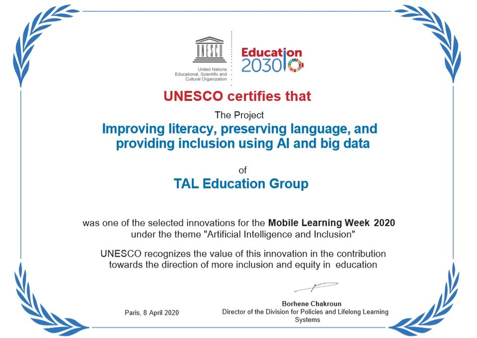 UNESCO certificate presented to TAL Education Group