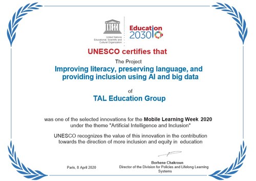 UNESCO certificate presented to TAL Education Group