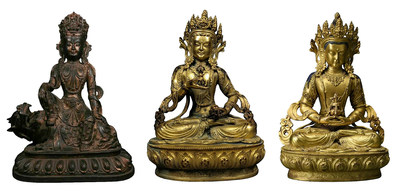 L to R: Lot 622 Large Chinese Ming bronze Guanyin, Ming Dynasty, 16th/17th century, weighs over 6kg, est. £4,000-£8,000; Lot 400 Fine Chinese gilt bronze figure of Vajrasattva, circa 1700 or earlier, est. £3,000-£5,000; Lot 353 Superbly modeled Chinese gilt bronze figure of Vajrasattva, circa 1700 or earlier, est. £3,000-£5,000