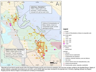 Figure 2: Location of mineralized targets at Zlogosh. (CNW Group/Medgold Resources Corp.)