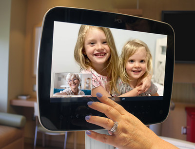 Patient using Nautilus Medical's TeleRay on a PDI Communications MedTab TV for communicating with family and healthcare professionals while in a senior living facility or healthcare institution. Keeping patients safe and connected.