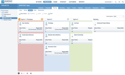 The new Kanban-style sprint board in ONEPOINT Projects 19 supports fast drag & drop planning for multiple sprints. (PRNewsfoto/ONEPOINT Projects GmbH)