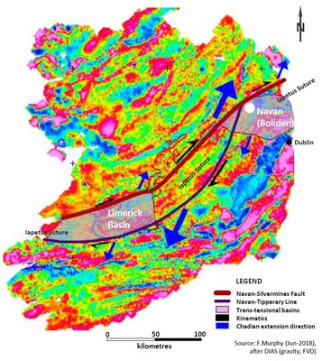 Exhibit 1. Regional gravity data over Ireland showing Limerick Basin and Navan Zinc-Lead Mine (CNW Group/Group Eleven Resources Corp.)