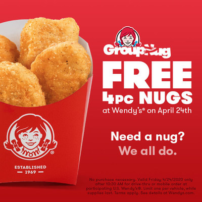 Wendy’s brings it in for a GroupNug, offering a free 4-pc Chicken Nuggets (crispy or spicy) to customers on Friday, April 24, at drive-thru locations nationwide.