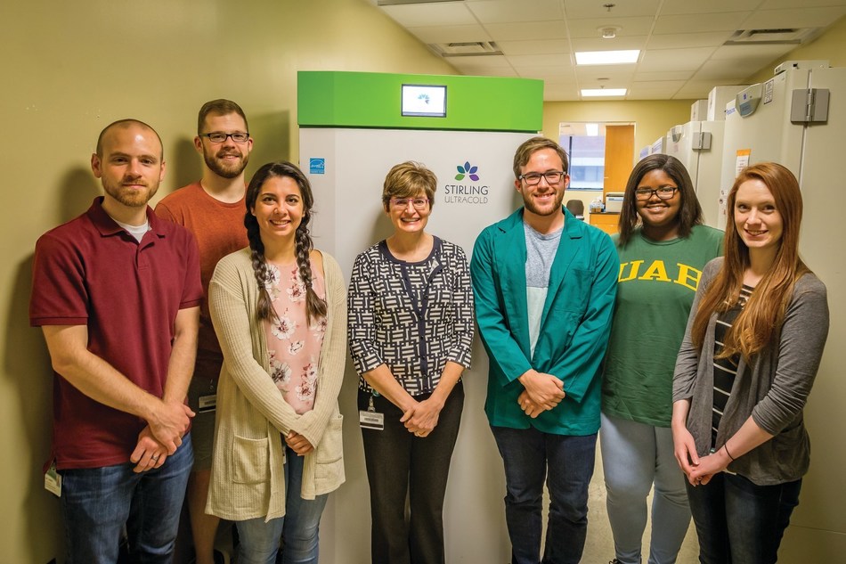 Lyse Norian’s Lab in the Department of Nutrition Sciences standing with the ULT freezer they won for being one of the first labs on campus to receive Green Lab Certification, with Nick Ciancio (third from right), Green Labs Coordinator at UAB.